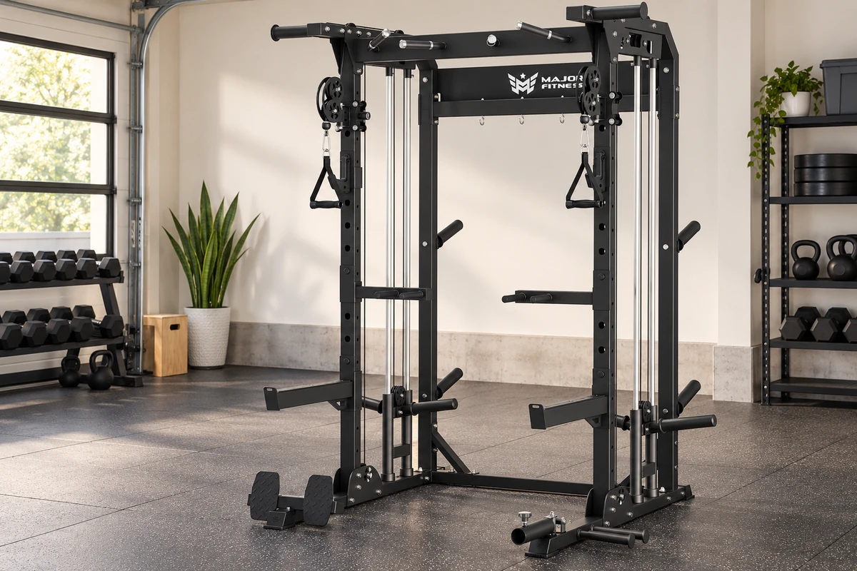 MAJOR FITNESS F22 Standard power rack with dual plate-loaded cables and included safety arms