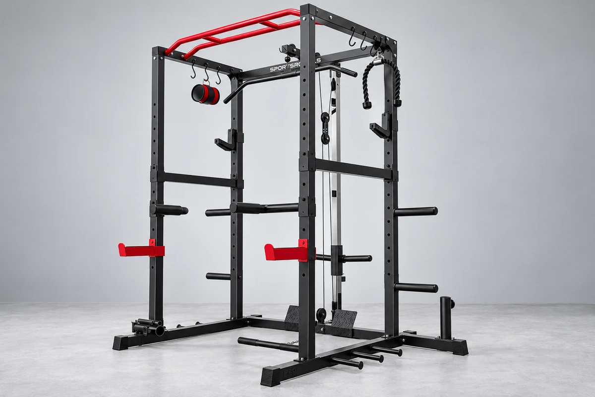Red Sportsroyals RK2 power cage with lat pulldown, low-row pulley, J-hooks, and safety bars