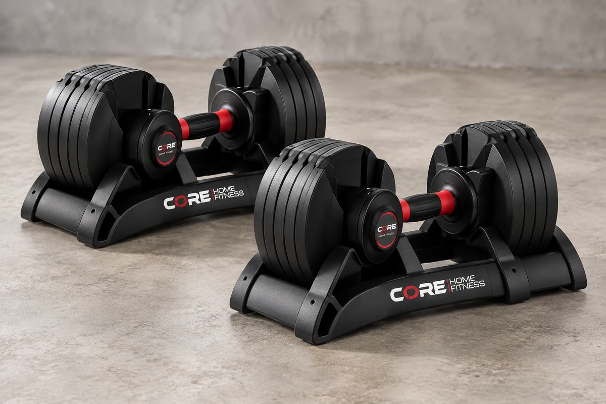 Core Home Fitness 5–50 lb adjustable dumbbells seated in their aluminum cradles