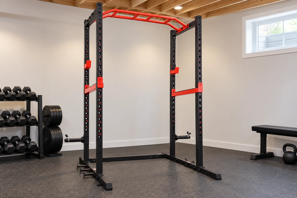 Sunny Health and Fitness SF-XF9925 full power cage showing its safety bars and reversible pull-up bar