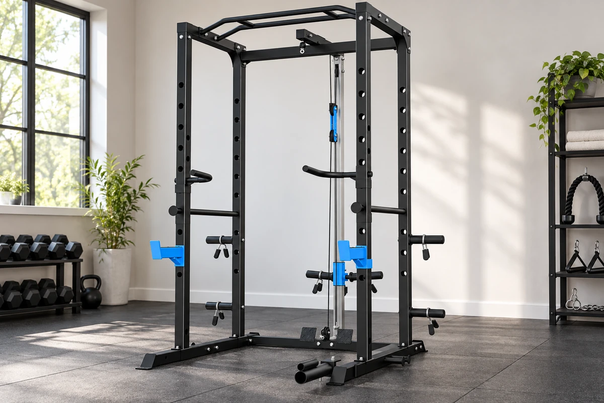 Blue ULTRA FUEGO UF-896 power cage with pulley system, dip handles, and landmine attachment