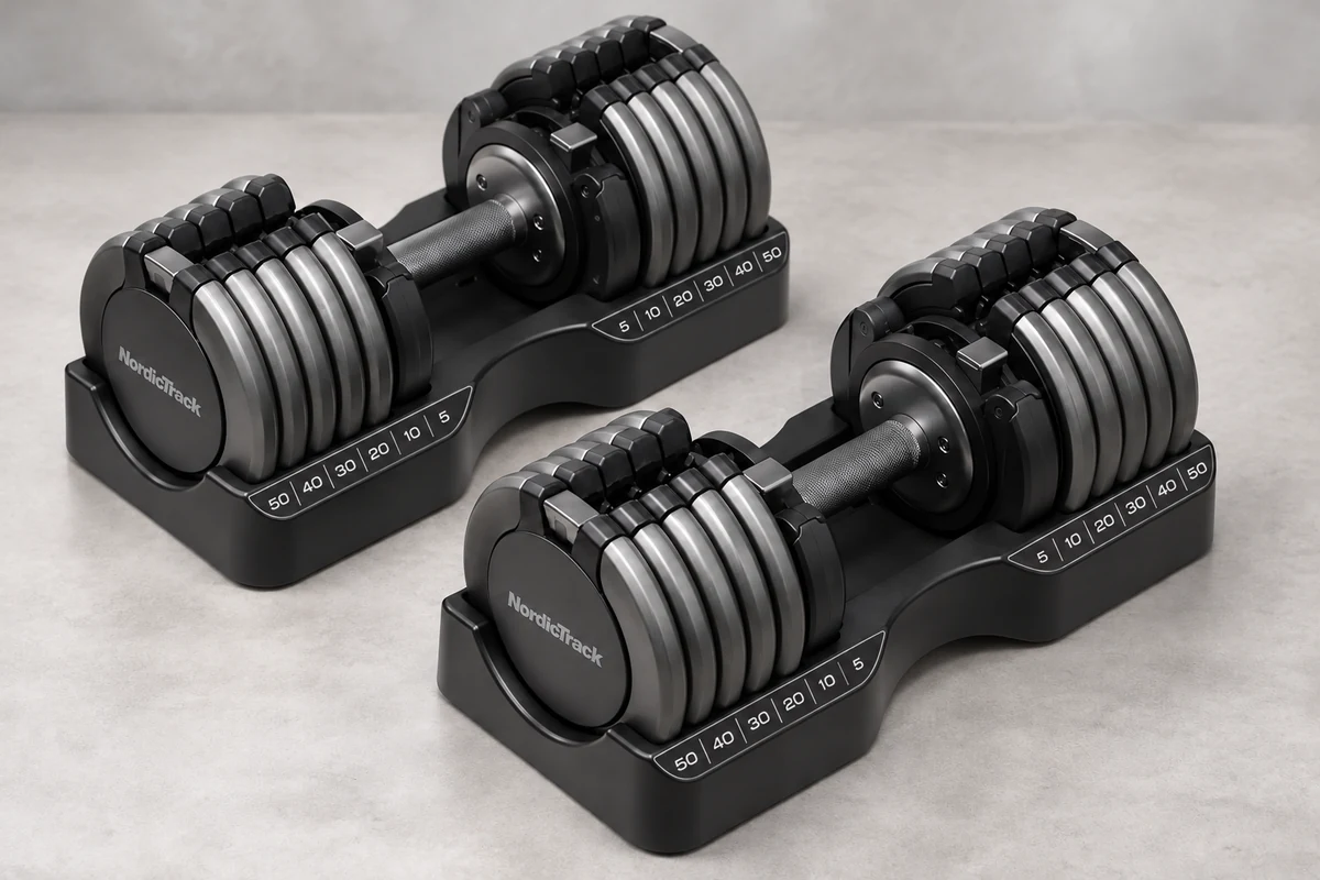NordicTrack Select-A-Weight 55 lb adjustable dumbbell pair with selector controls and fitted trays
