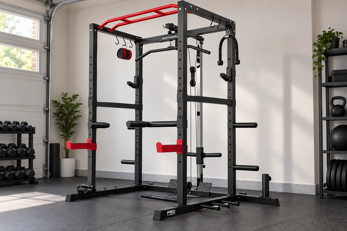 Sportsroyals power cage with upper and lower cable pulleys, J-hooks, safety bars, and lat pulldown attachment
