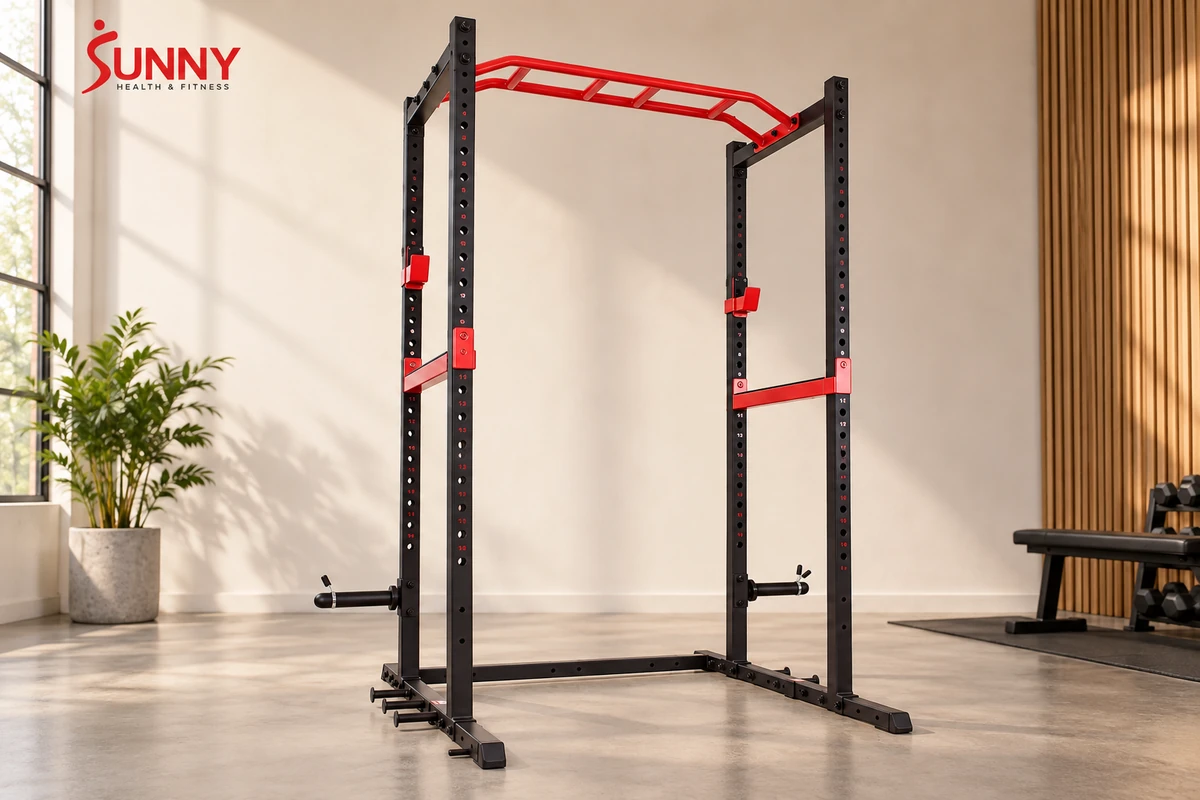 Sunny Health and Fitness SF-XF9925 Power Zone cage with safety bars and a reversible pull-up bar