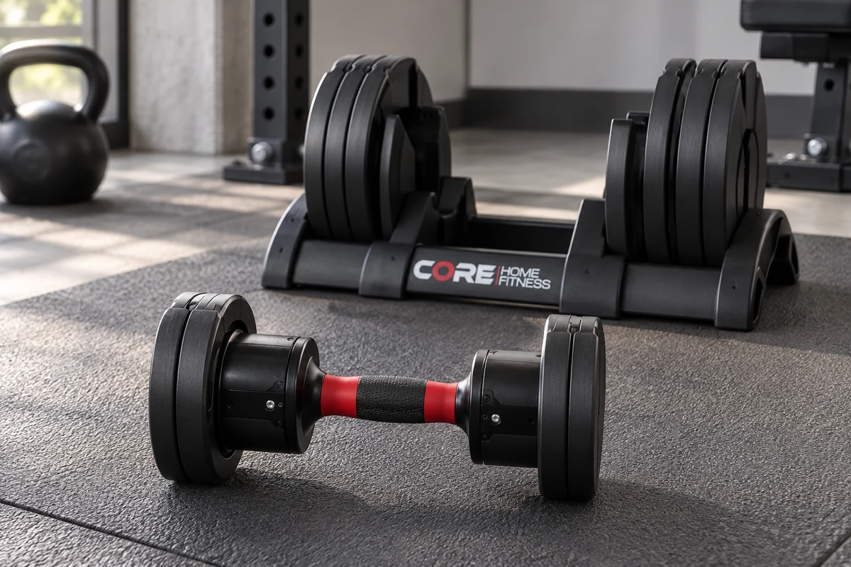 Adjustable dumbbell at a lighter setting beside its organized remaining weight plates