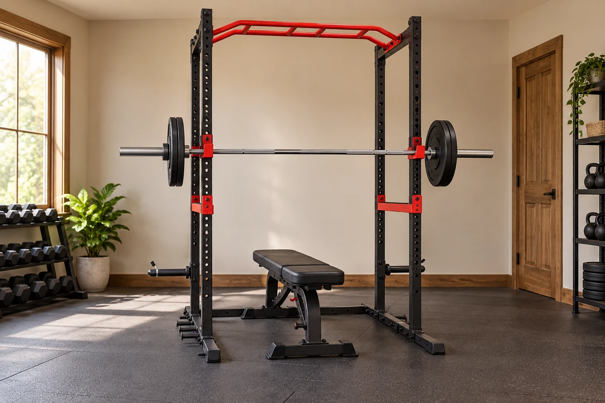Home gym power rack with clear access around both barbell sleeves and the bench