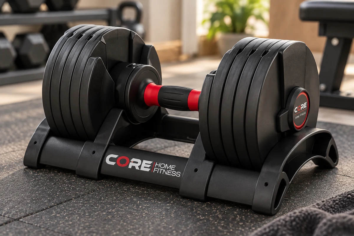 Close-up of an adjustable dumbbell selector and neatly aligned plates in its base
