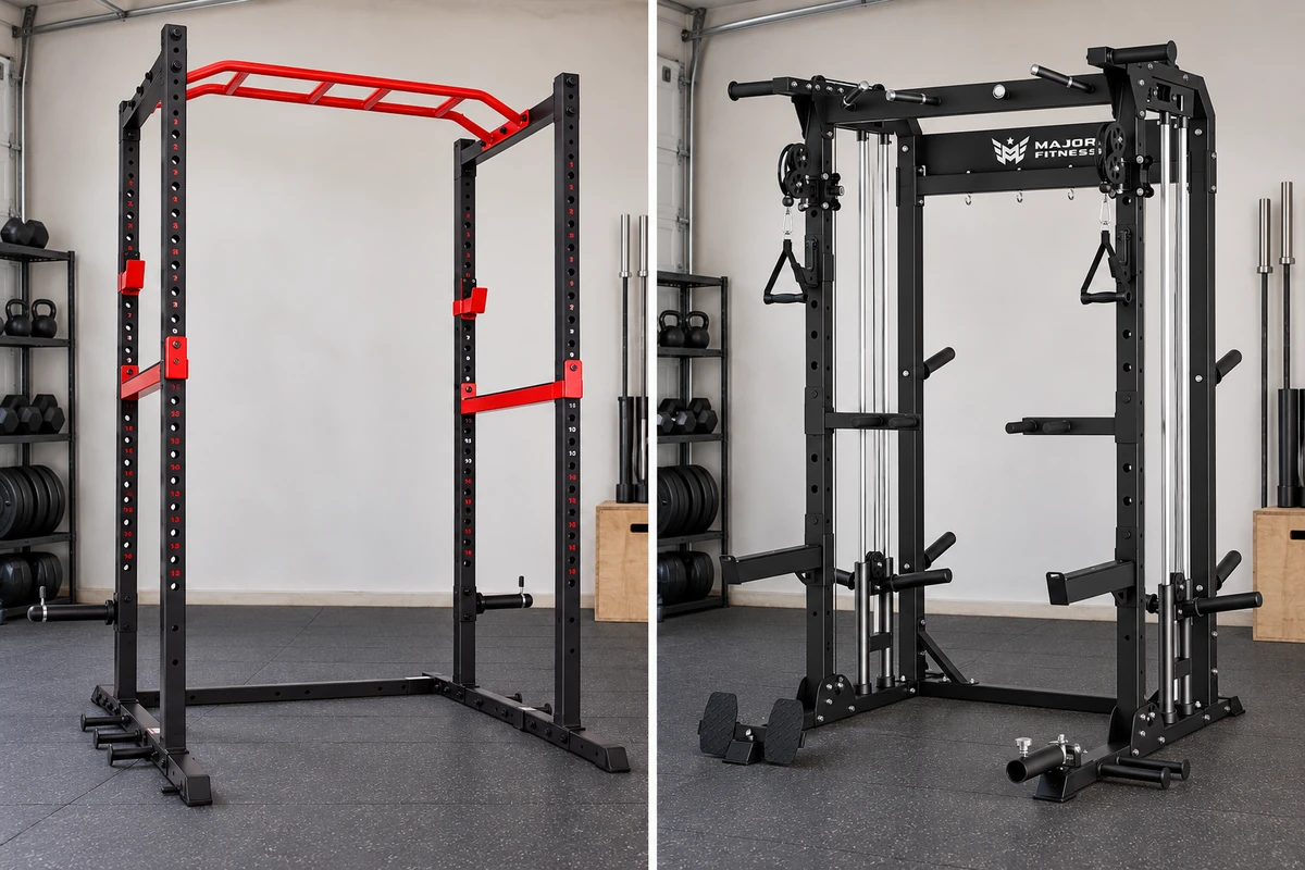 Side-by-side home gym layouts comparing a basic power cage with a cable-equipped rack and extra operating space