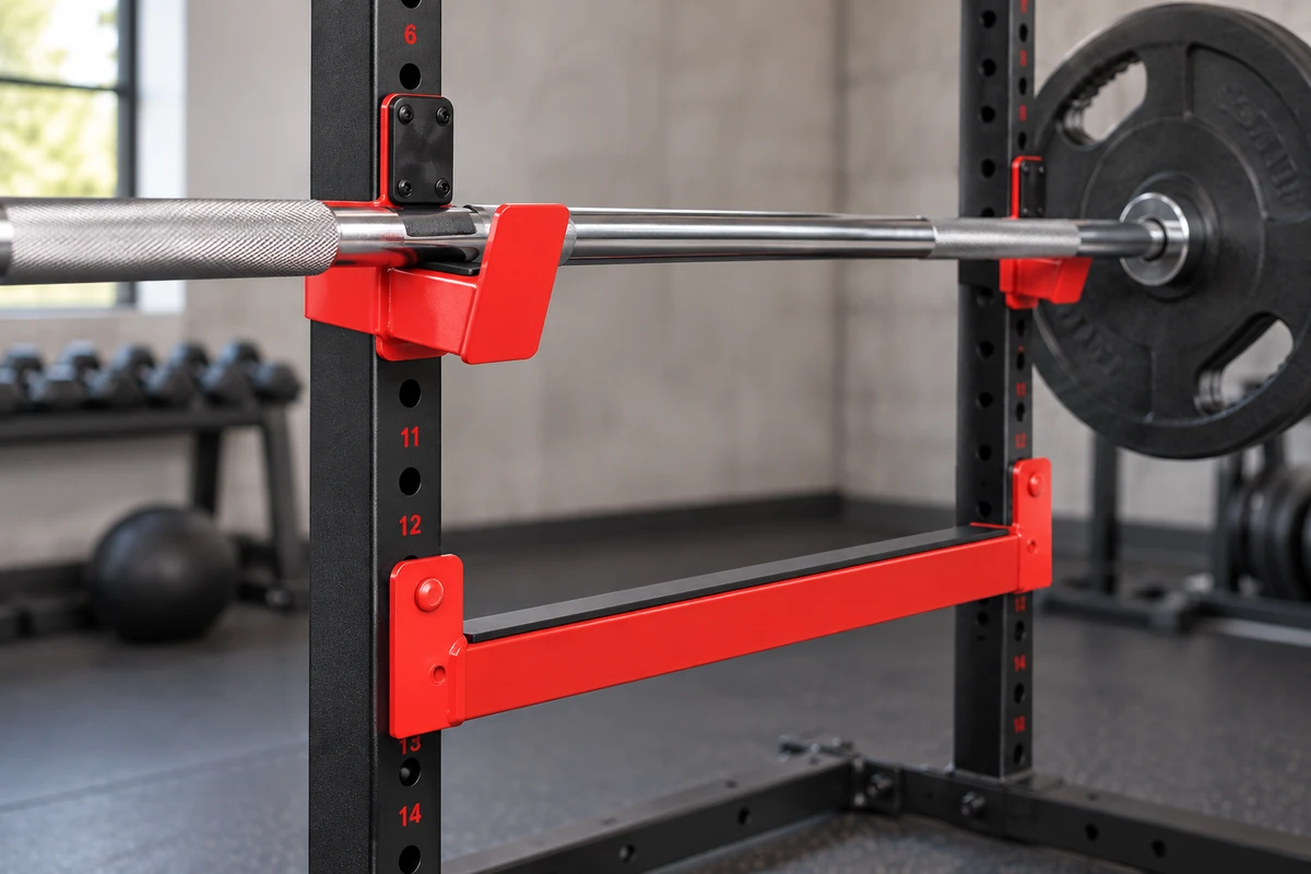 Close-up of matching power-rack J-hooks and properly positioned safety bars
