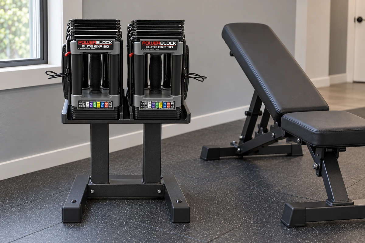 Adjustable dumbbell pair stored beside a bench with a clear workout area