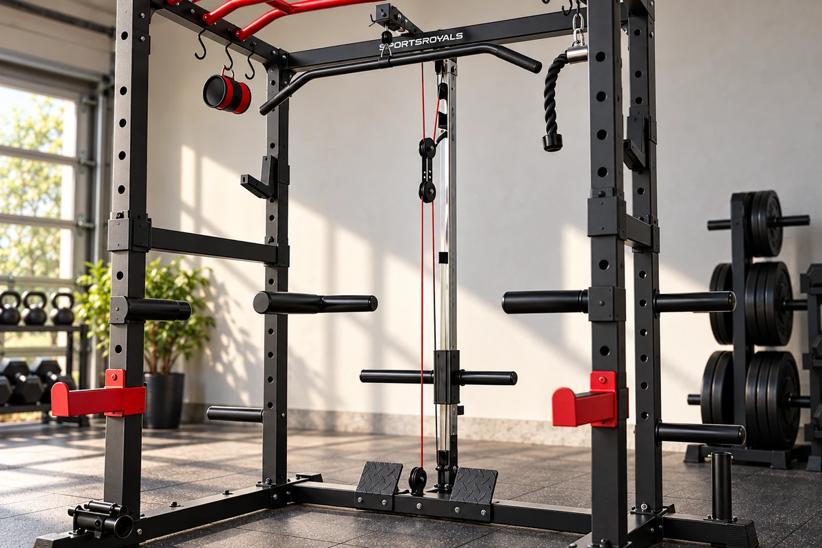 Plate-loaded high and low cable system on a home gym power cage