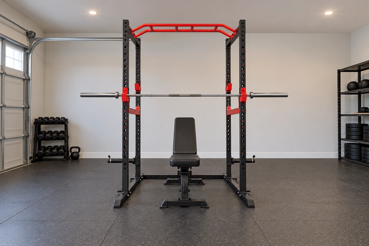 Home gym layout showing rack footprint, full barbell width, bench clearance, and a clear walking path