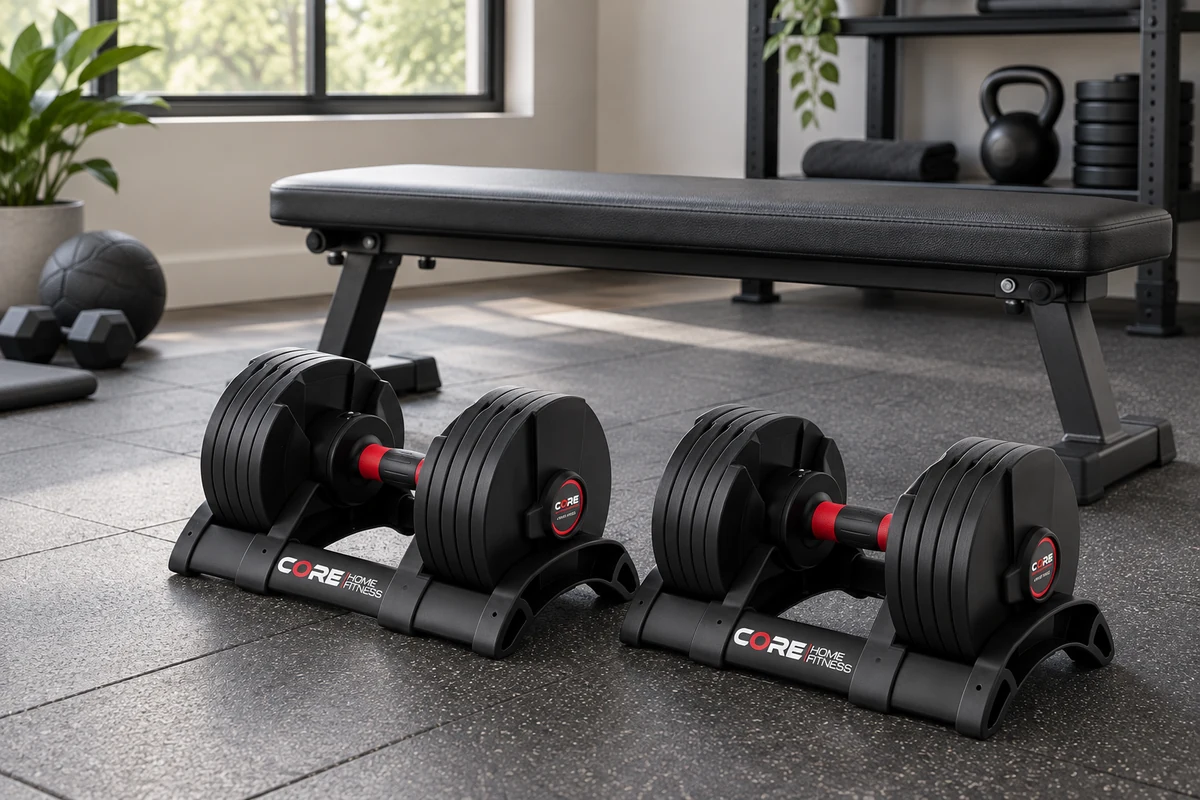 Adjustable dumbbells, a workout bench, and protective flooring in a simple home gym