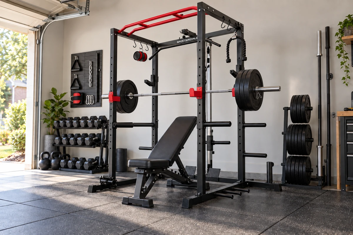 Power cage, barbell, plates, adjustable bench, and protective flooring in a home gym