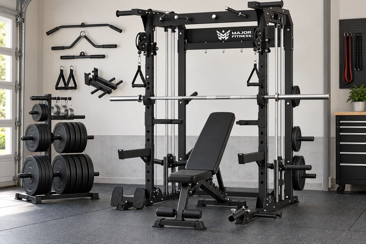 Power rack safety setup with matched J-hooks, internal safeties, bench, barbell, plates, and clear access